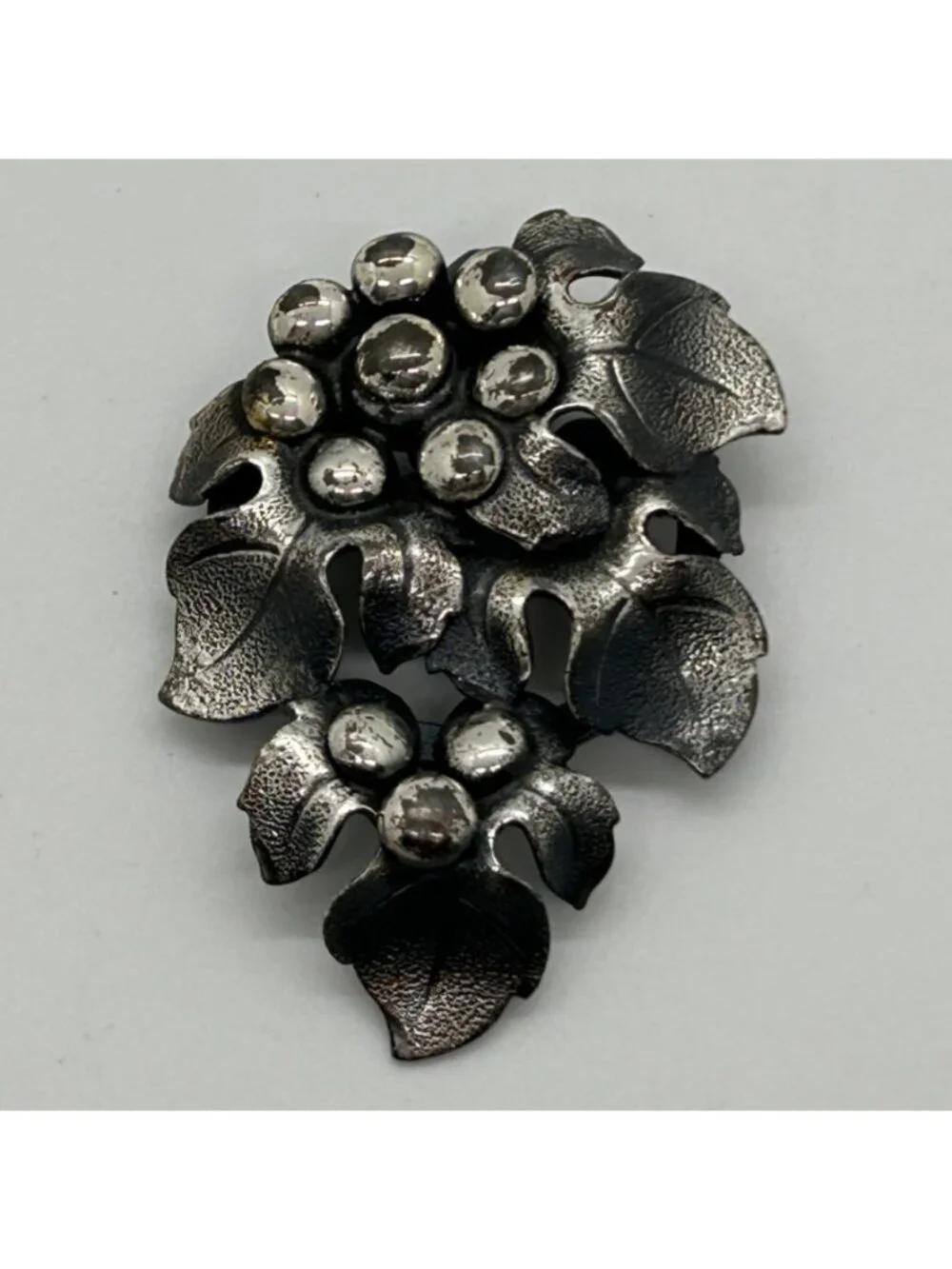 Vintage Grape Cluster Leaf Brooch Silver Tone Mid Century Modern Botanical Jewel